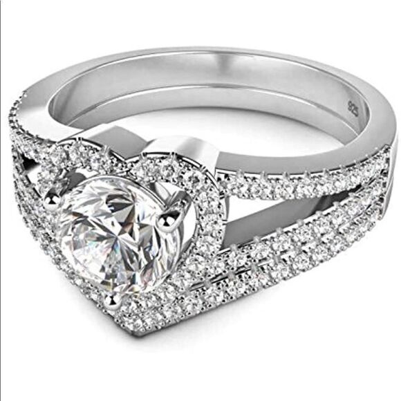925 Sterling Silver Diamond Heart Engagement Ring Two Piece Set - Picture 3 of 7